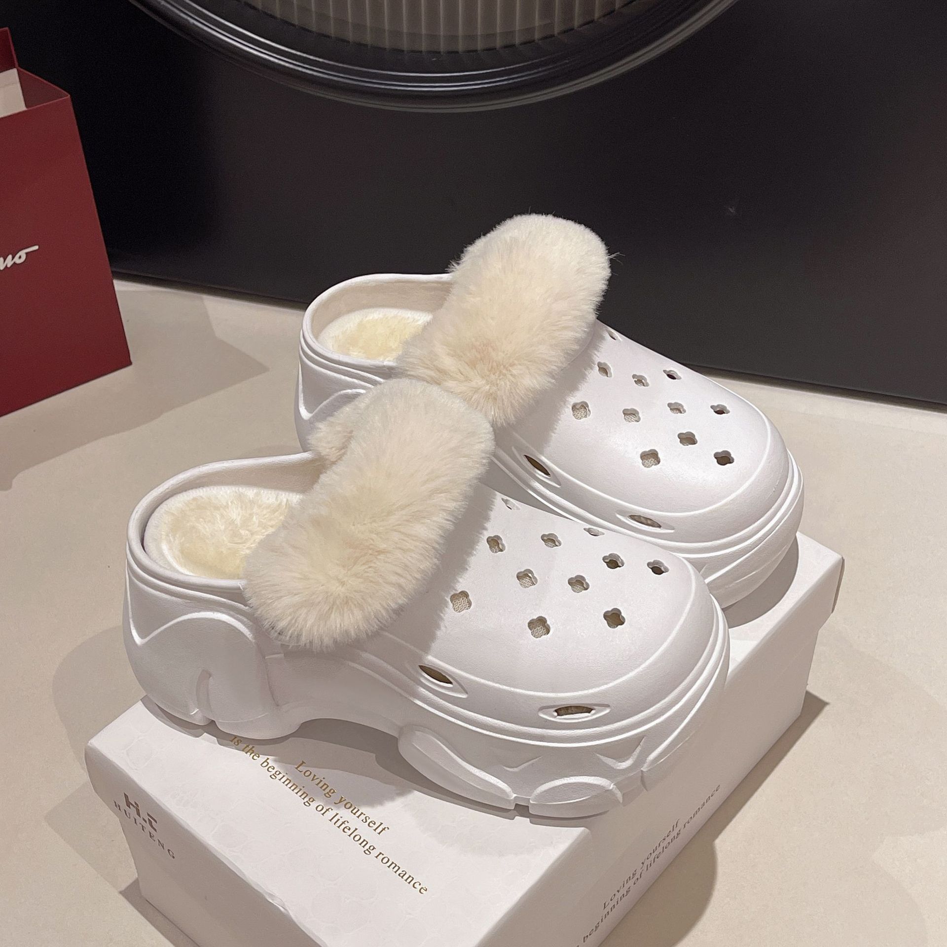 Women'S Shoes Clogs - レディース用ハイヒールフリース裏地クロッグシューズ、冬用厚底滑り止め耐摩耗性ファーコットン スリッパ