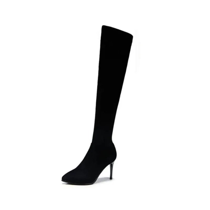 Sock Boot Women - セクシーな女性用、膝丈のハイブーツ、つま先が尖った細ヒールのストレッチソックスブーツ、エレガントな黒のスエード製ロングブーツ（イブニング用）。