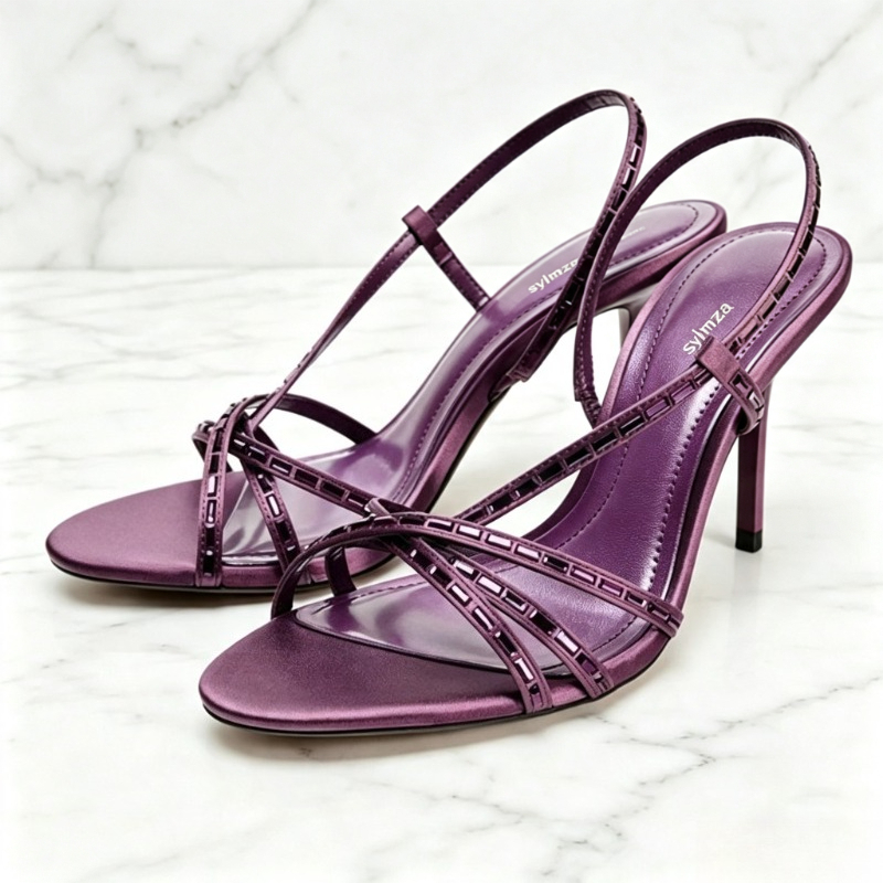 Women'S Shoes Quality - パープルラインストーンディテールヒールサンダル女性のセクシーなオープントゥクロスタイドスリングバックヒールファッションラウンドトゥスティレットデザイナーシューズ