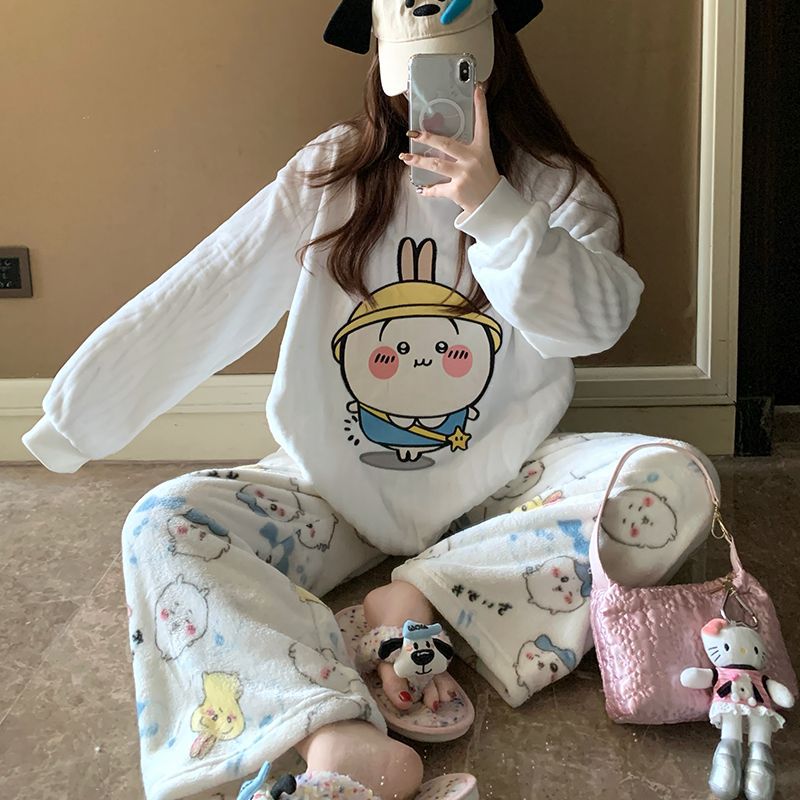 Women Shoes Xxl - 女性用、冬用、厚手で暖かい、かわいいデザインの、漫画風のうさぎ柄フリースパジャマセット。ルームウェア、コスプレ、寝間着として。プレゼントにも最適。