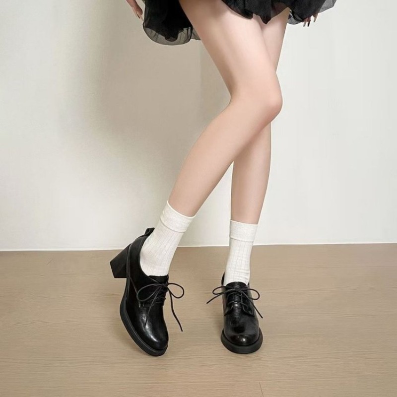 Oxford Lace Up Women - レディース スクエアトゥ レースアップ オックスフォードシューズ フェイクレザー 厚底ブロックヒール
