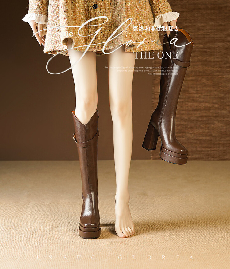 Knee High Boots Women - 秋・冬用の、柔らかい革素材を使用したレディースニーハイブーツ。ヴィンテージ風の厚底プラットフォームと太めのヒールが特徴のバイカーブーツ。